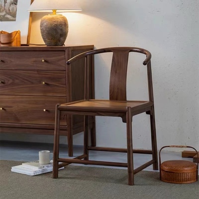 新中式小圈椅全实木老榆木黑胡桃色餐椅靠背木椅子简约宋式小茶椅