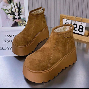 加绒保暖防寒高帮短靴棉鞋 韩版 圆头松糕厚底增高防滑雪地靴女冬季