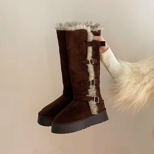 冬季 厚底防滑雪地靴女皮带扣东北长靴加绒加厚保暖不过膝高筒靴子