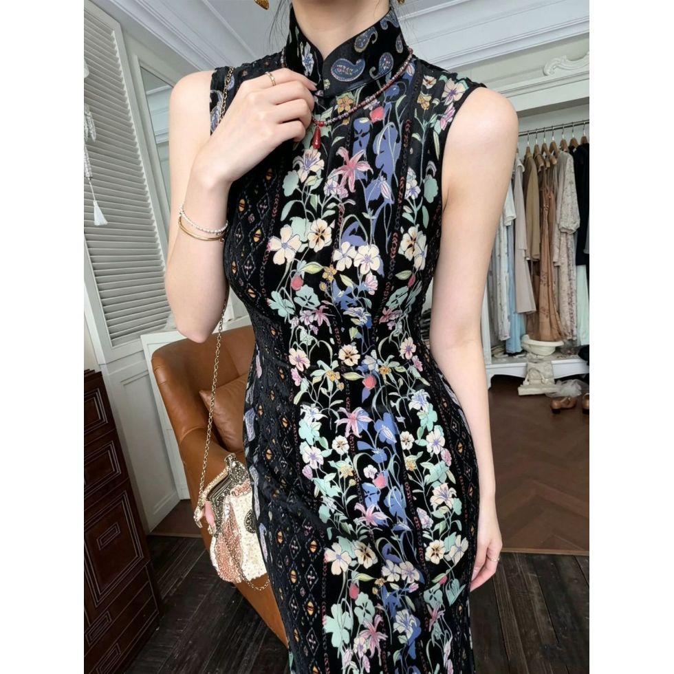 新中式国风复古风黑色无袖旗袍女
