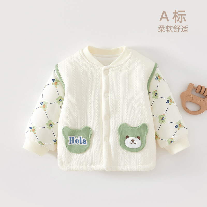 婴儿纯棉保暖上衣3层夹棉薄棉