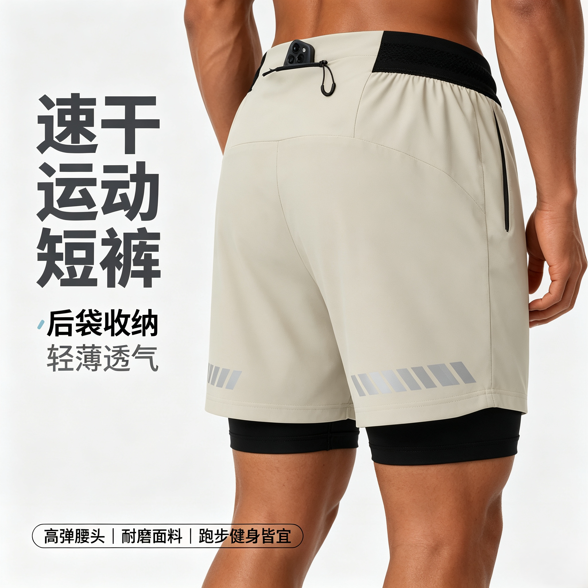 男士夏季速干反光假两件五分裤