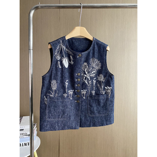 单排扣无袖 新款 坎肩百搭外套潮 重工刺绣牛仔马甲女2026春季 新中式