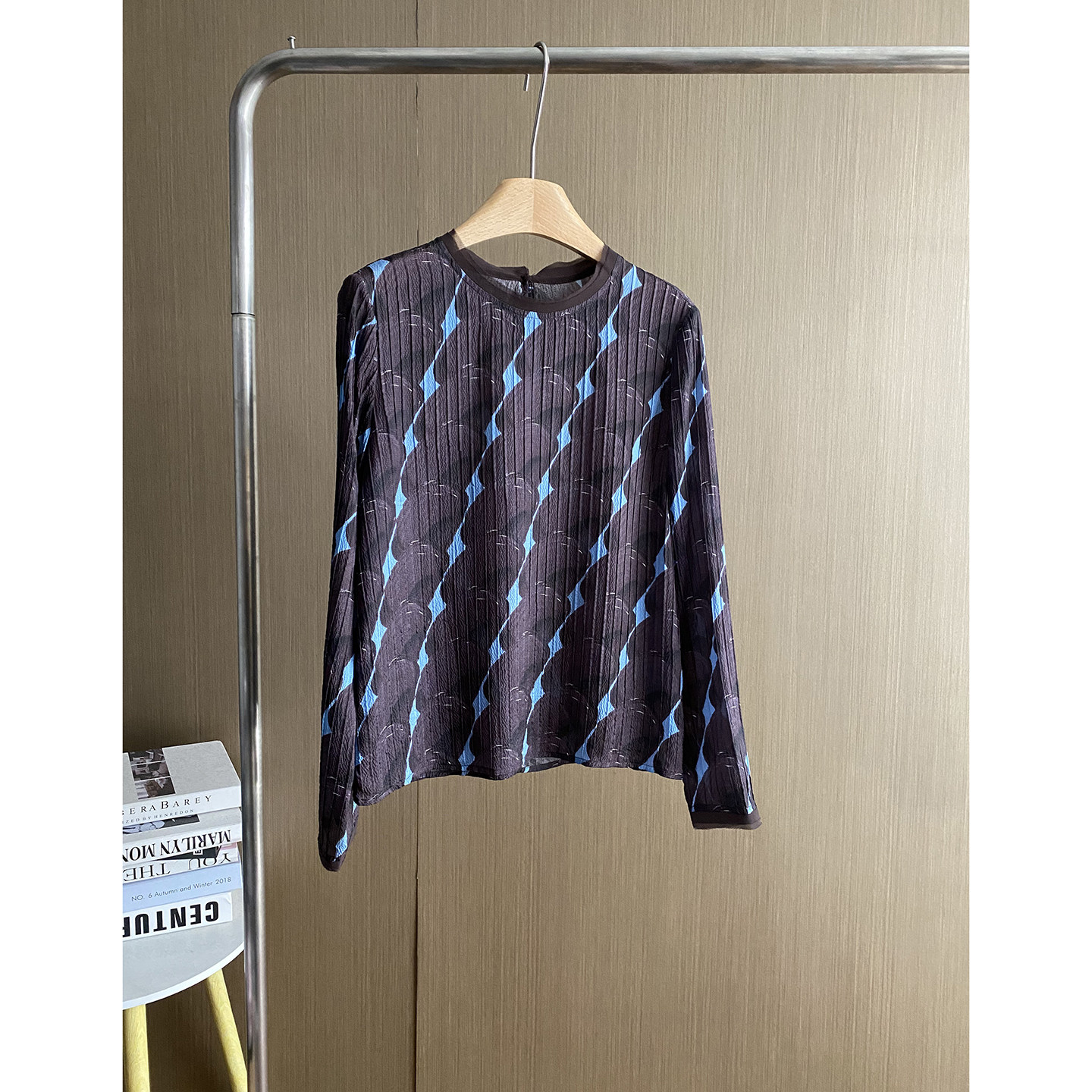 欧洲站长袖圆领几何印花真丝上衣女2026春夏新款褶皱桑蚕丝衬衫