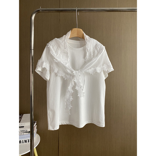 百搭小个子休闲上衣 新款 高端韩系白色蕾丝披肩短袖 T恤女2026夏季