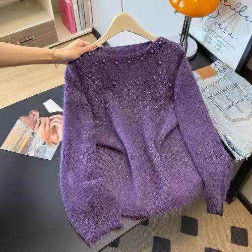 【小四粉丝专享】A324高级感钉珠紫色针织衫女宽松显瘦慵懒风毛衣