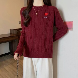 女秋冬套头圆领刺绣毛衣 A363红色针织衫 小四粉丝专享