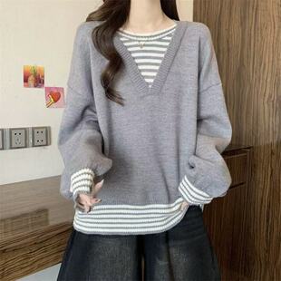 秋季 针织衫 A165假两件条纹拼接长袖 别致毛衣上衣 小四粉丝专享