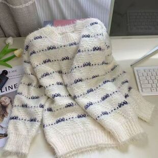 【小四粉丝专享】A177圆领条纹针织衫宽松毛绒感套头毛衣百搭上衣