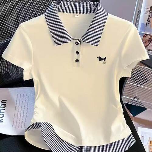 【小四粉丝专享】A563假两件格纹拼接POLO领短袖T恤百搭上衣