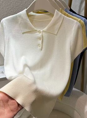 【小四粉丝专享】A521简约通勤风POLO领针织衫女短袖纽扣百搭上衣