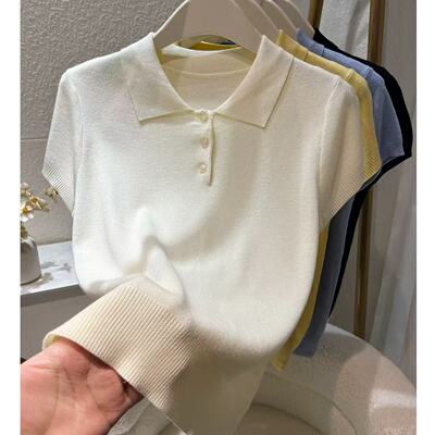 【小四粉丝专享】A521简约通勤风POLO领针织衫女短袖纽扣百搭上衣
