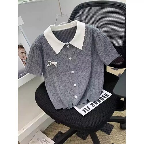 【小四粉丝专享】A475小香风蝴蝶结撞色针织衫女短袖POLO领上衣