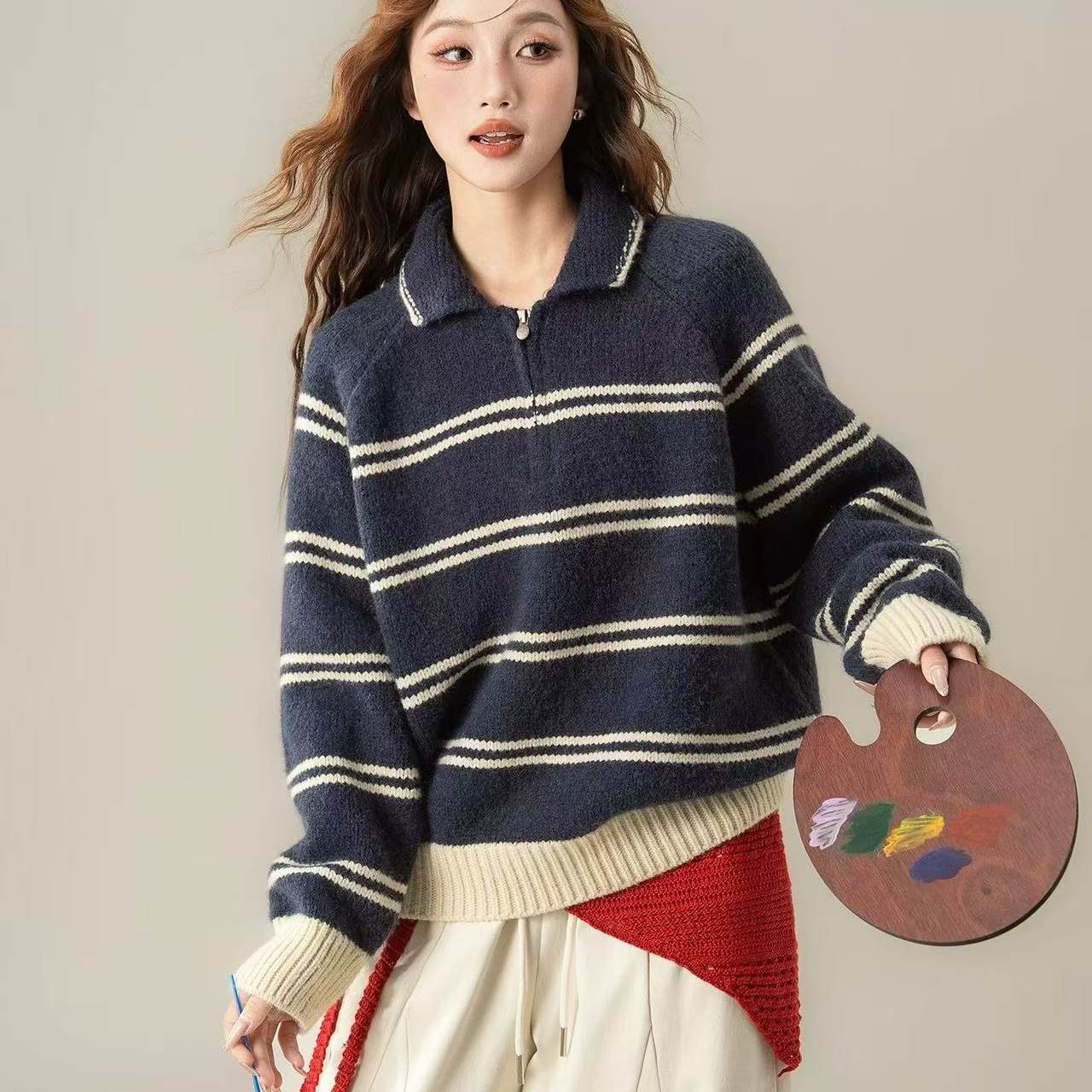 【小四粉丝专享】A169学院风条纹半拉链翻领针织衫毛衣上衣