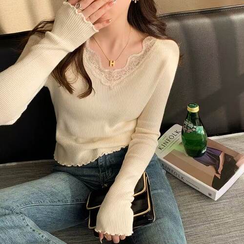 【小四八周年庆专享】A036高级感蕾丝V领打底衫女修身毛衣针织衫