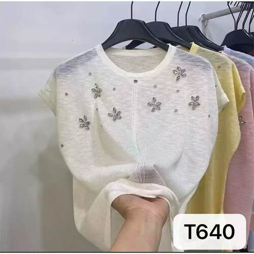 【小四粉丝专享】A524重工镶钻花朵针织短袖女夏季显瘦百搭上衣