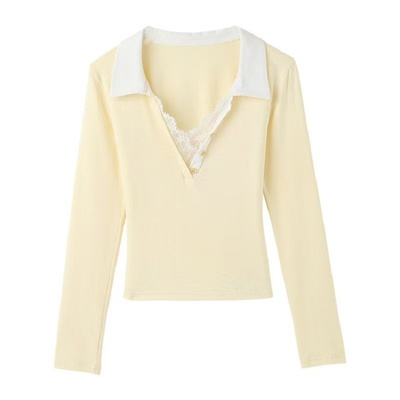 粉丝专享A021韩系黄色假两件蕾丝polo领短袖T恤女辣妹气质修身