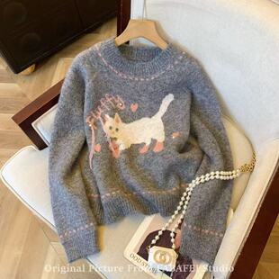 针织衫 A246韩系小猫提花毛衣女冬软糯套头长袖 书婷专享