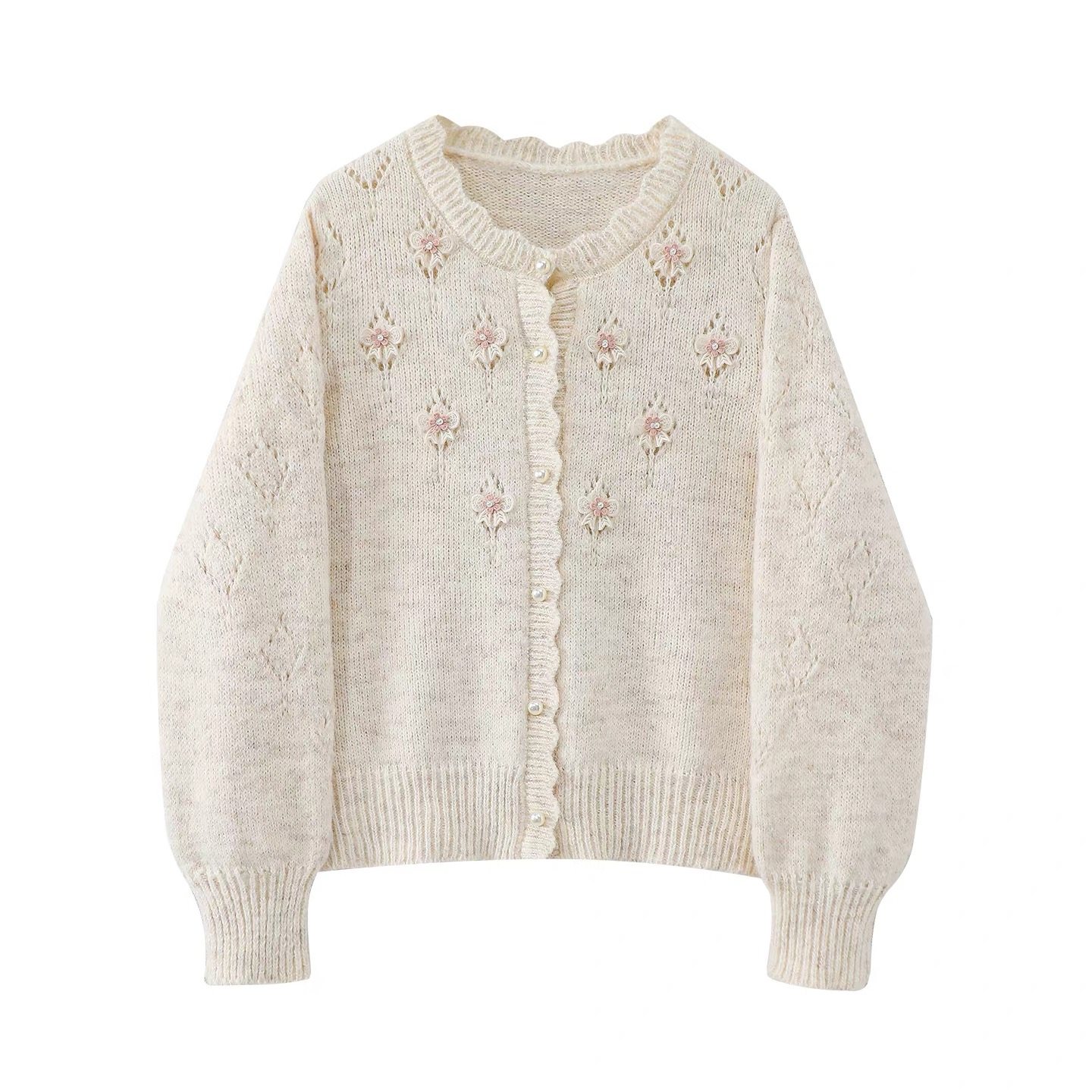 【小四粉丝专享】A364立体花朵镂空钩花针织开衫宽松长袖毛衣