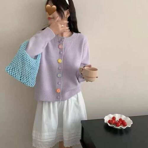 【小四粉丝专享】A305慵懒风圆领针织开衫女彩色扣子宽松百搭毛衣