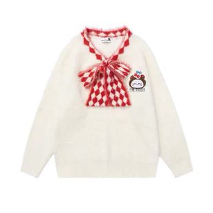 A222复古蝴蝶结菱形图案毛衣女学院风针织衫 小四粉丝专享