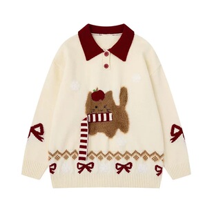 A281可爱小熊提花POLO领毛衣女软糯撞色圣诞风针织衫 书婷专享
