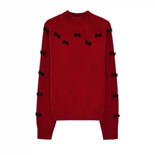 女套头毛衣休闲风 A362红色立体蝴蝶结坑条针织衫 小四粉丝专享