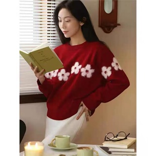 女宽松毛衣复古慵懒风上衣 A351圆领提花针织衫 小四粉丝专享