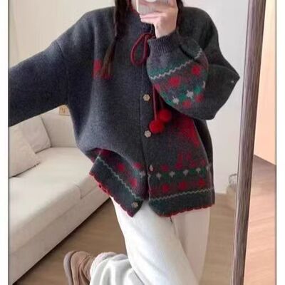 【专柜大上新】A104费尔岛风提花毛衣女开衫蝴蝶结针织衫外套复古