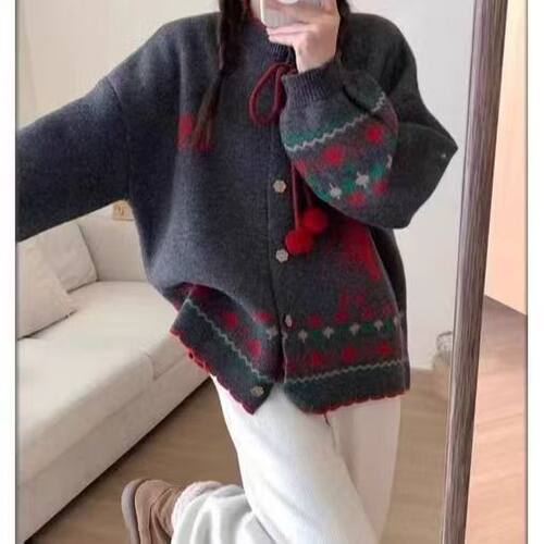 【专柜大上新】A104费尔岛风提花毛衣女开衫蝴蝶结针织衫外套复古