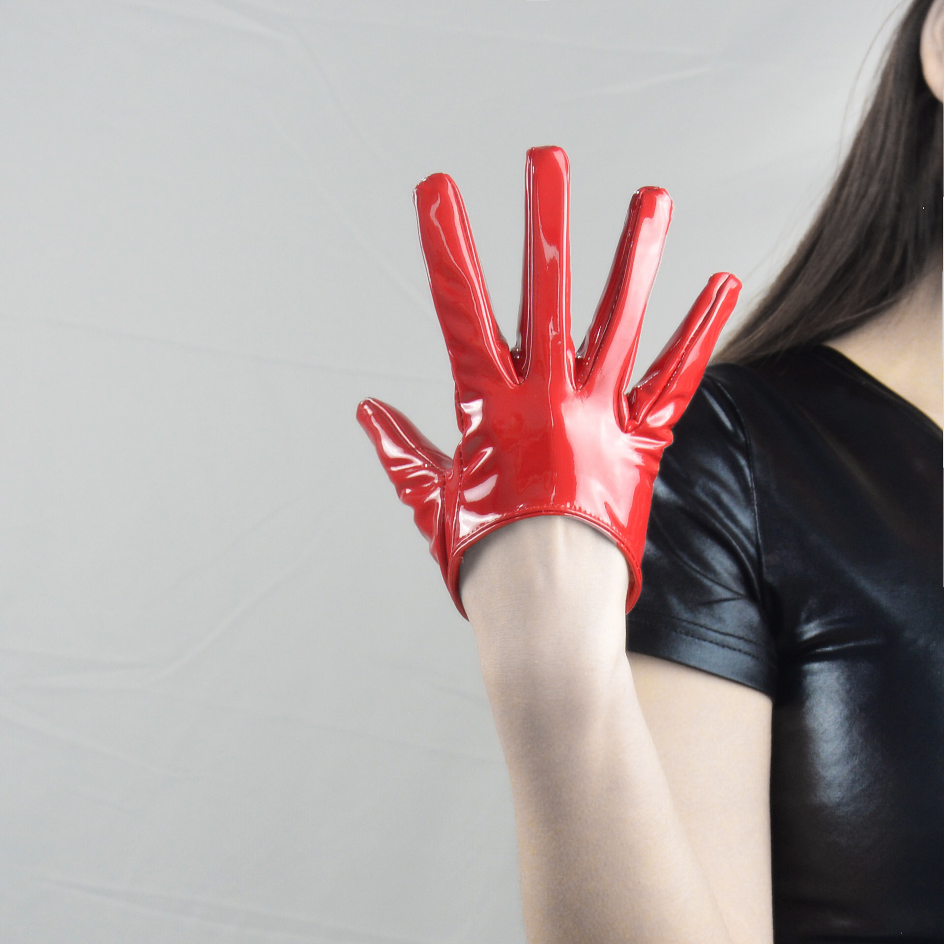 包邮漆皮超短手套13cm亮红色白色黑色仿真皮亮皮触屏贴手基本款