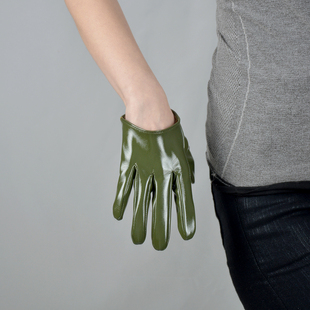 包邮触屏超短手套13cm仿真皮仿羊皮仿皮PU镜面亮皮亮黑制服军绿色