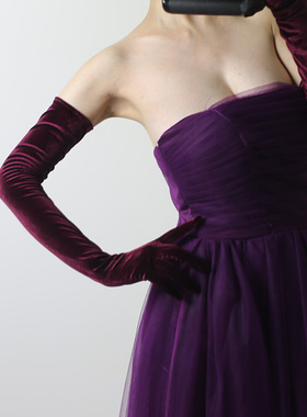 包邮丝绒手套60cm特长款深紫色过肘超长女高弹性天鹅绒金丝绒触屏