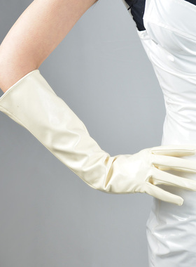 包邮漆皮手套长款PU仿真皮保暖亮皮镜面乳白色米色裸色奶油色40cm