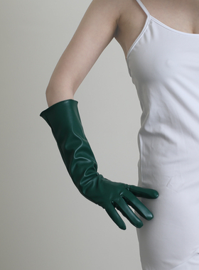 PU长款皮手套40cm仿真皮女祖母绿深绿色墨绿贴手显瘦演出摄影走秀