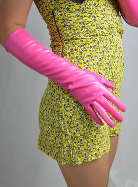 包邮长款皮手套40cm仿真皮仿羊皮PU女款玫红色深粉红色紫红色粉色