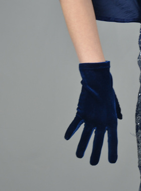 蓝丝绒手套22cm短款宝蓝色晚礼服高弹力天鹅绒金丝绒触屏功能