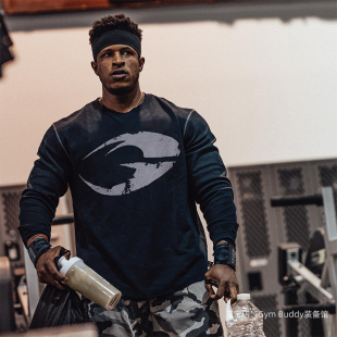 口大码 T恤健身训练保暖运动热身螺纹袖 上衣男宽松 华夫格长袖 美式
