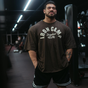 做旧半袖 竹节棉薄透气运动宽松大码 复古健身举铁T恤短袖 IRON美式