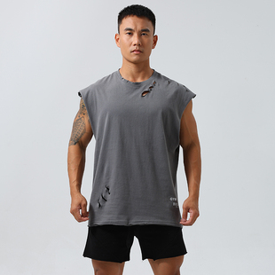 漏洞战损破烂棉背心健身 坎肩宽松大码 运动宽肩无袖 破洞T恤男美式