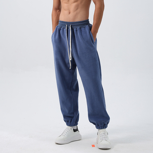 摇粒绒运动加厚九分裤 男束脚宽松健身保暖长裤 子纯色 加绒卫裤 冬季