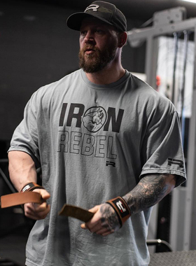 IR犀牛宽松T恤男五分袖健身大码纯棉透气力量举训练短袖运动半袖