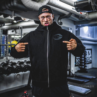 美式 硬核重磅拉链卫衣健身冬加绒宽松连帽做旧肌肉男运动撸铁外套