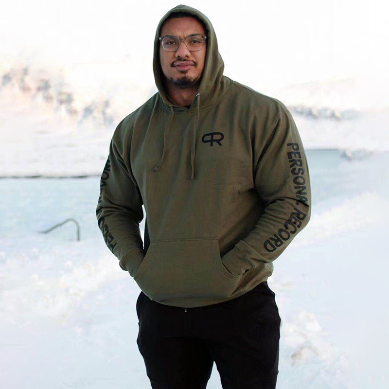 PR轮子哥加绒连帽卫衣男健身冬款大码运动军绿套头衫加厚宽松外套