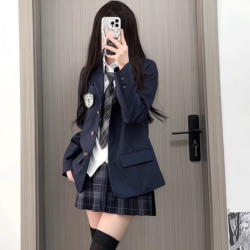 萌酱派jk制服藏青色西装套装学院风西服外套格裙衬衫穿搭套装女