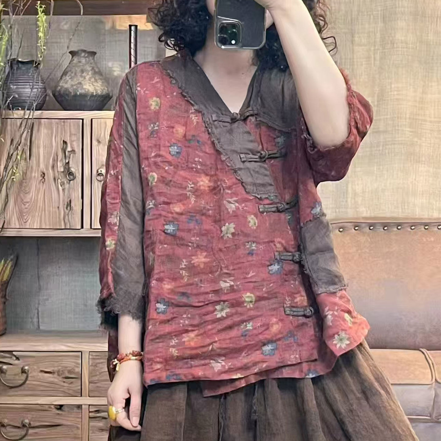 苎麻上衣女大码宽松休闲文艺复古民族风新中式品牌高端夏薄小个子