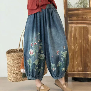 宽松休闲九分灯笼裤 春款 潮大码 女文艺范复古个性 民族风 牛仔阔腿裤