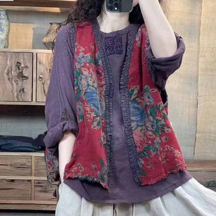 高端亚麻反正两面穿马甲女大码休闲文艺复古民族风做旧开衫外搭秋