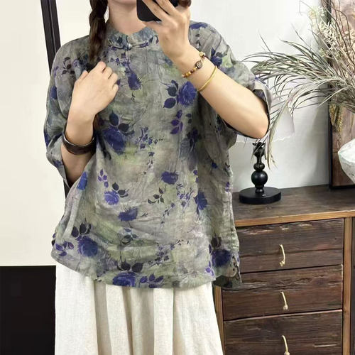 品牌高端苎麻上衣女夏薄款文艺复古偏开襟大码宽松休闲民族风短袖