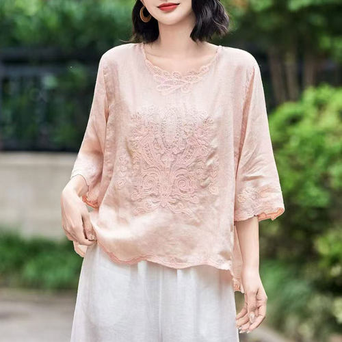 纯苎麻上衣女高端原创设计风夏薄文艺范品牌高端年轻款大码宽松版
